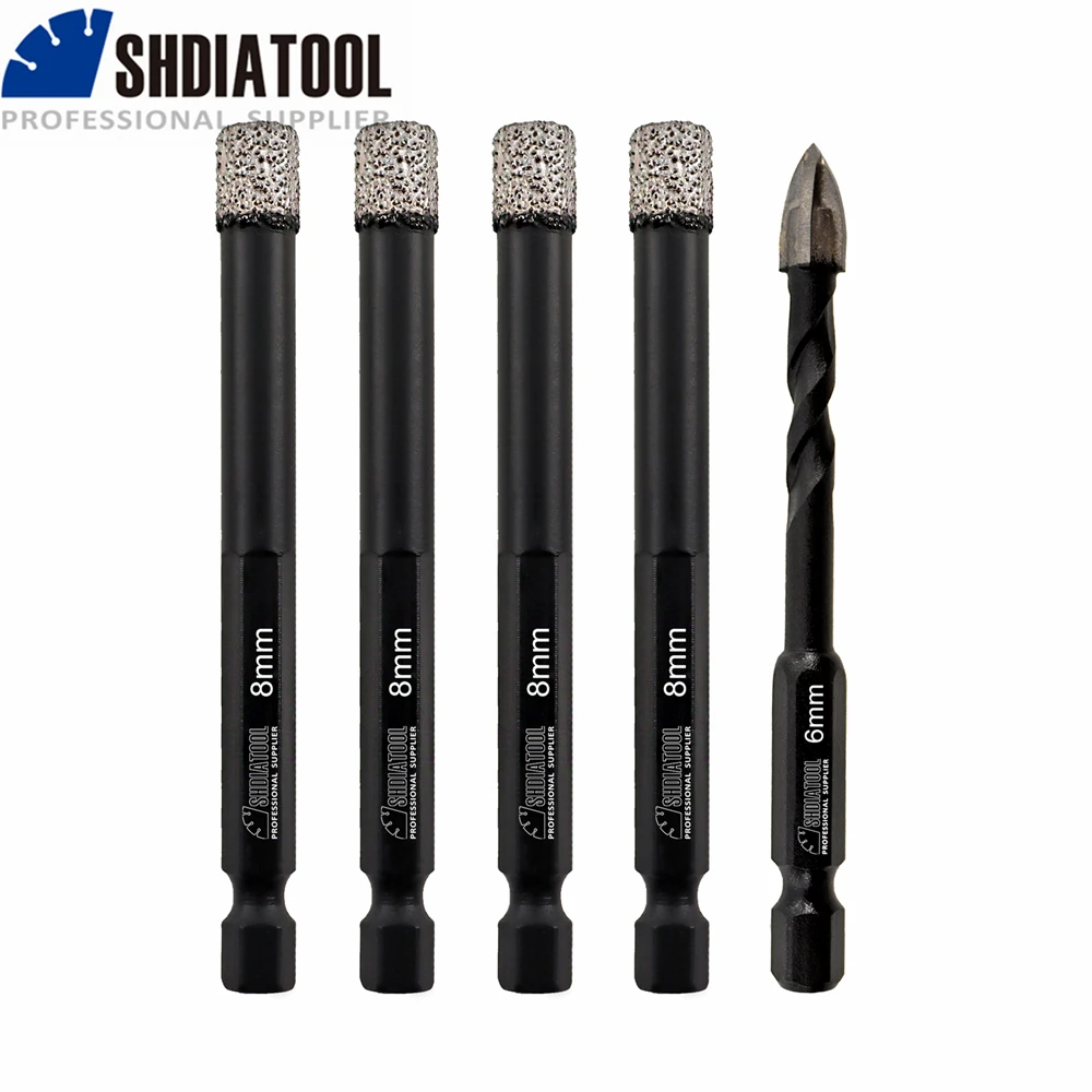 SHDIATOOL 5pcs/pk 8MM Diamond Vaccum Brazed Dry Drilling Bits Quick-Fit Shank Carbide Tile Porcelain Tile Hole Saw Cutter