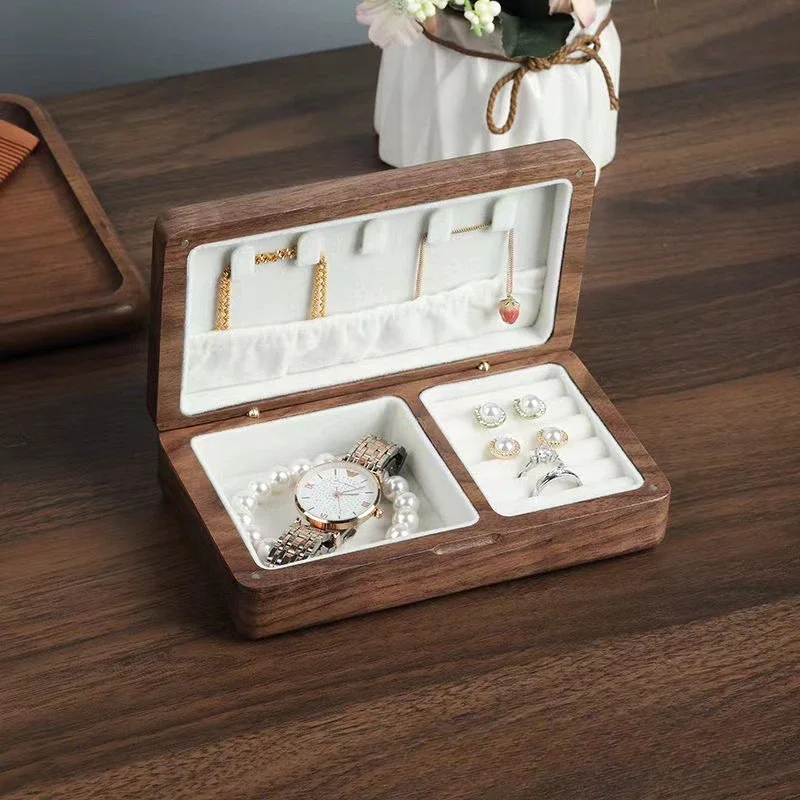 Engrave Text or Logo Walnut Wood Jewelry Box Portable Small Jewelry Box Single Layer Wooden High-end Bracelet Storage Box 3