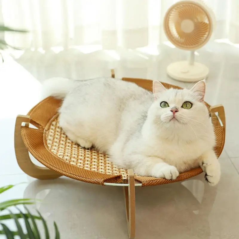 

Кровать для домашних животных из ротанга, дышащий съемный матрас для сна с деревянным основанием, для кошки, летние принадлежности