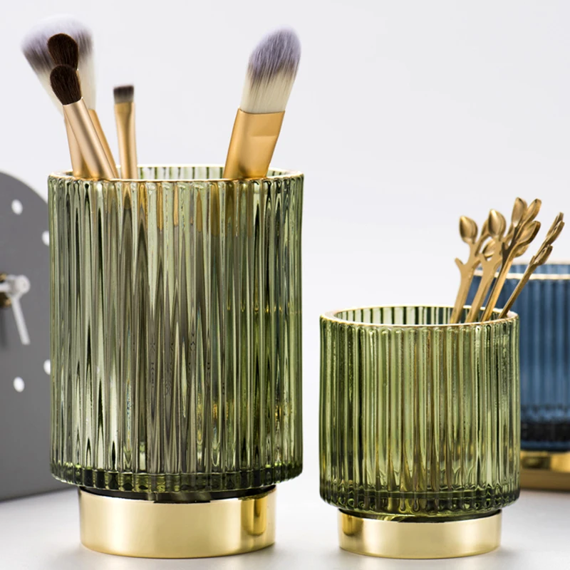 Gold Margin Thickened Glass Storage Bucket Dark Green Pen Holder Storage Jar Cup Makeup Brush Bucket Tabletop Vase Storage Box