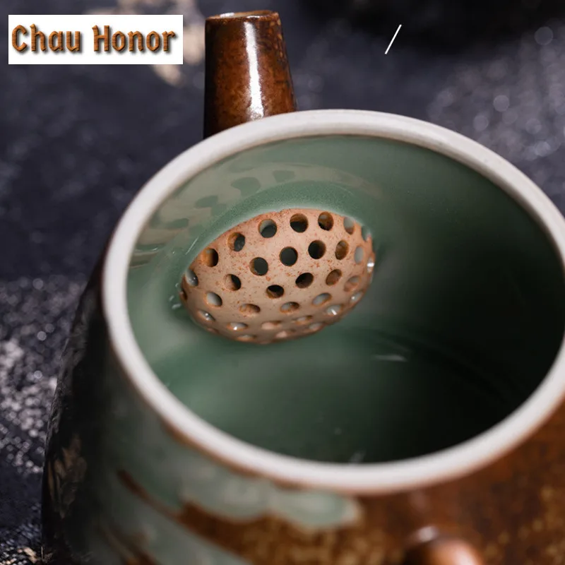 120ml Handmade Wood-fired Celadon Teapot Retro Tea Infuser Qin Quan Pot Tea Brewing Kettle With Strainer Chinese Tea Set Craft