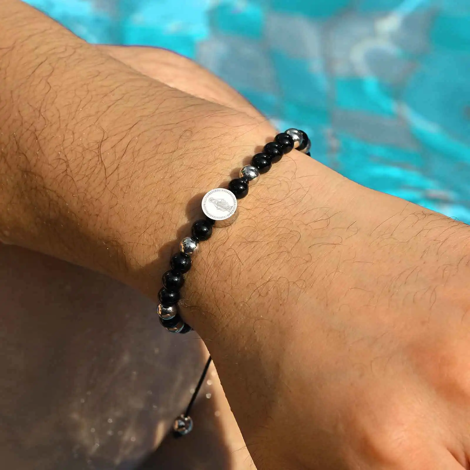 Virgin Mary Beaded Bracelets for Men Boys,Waterproof Stainless Steel Round Charms Wristband,Religious Prayer Jewelry Gift