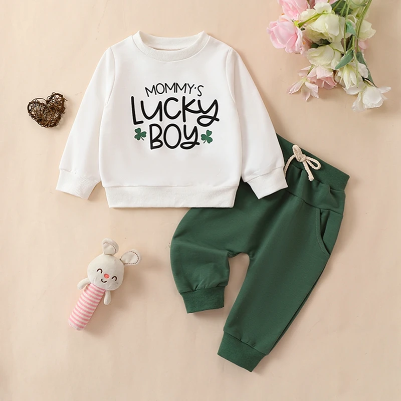 

Baby Irish Festival Outfits Shamrock&Letter Print Long Sleeve Sweatshirt with Solid Color Pants St. Patrick's Day Outfits