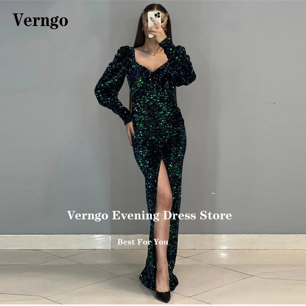 

Verngo Sparkly Dark Green Sequin Mermaid Evening Dresses Long Sleeves Split Glitter Prom Gowns Dubai Women Formal Party Dress