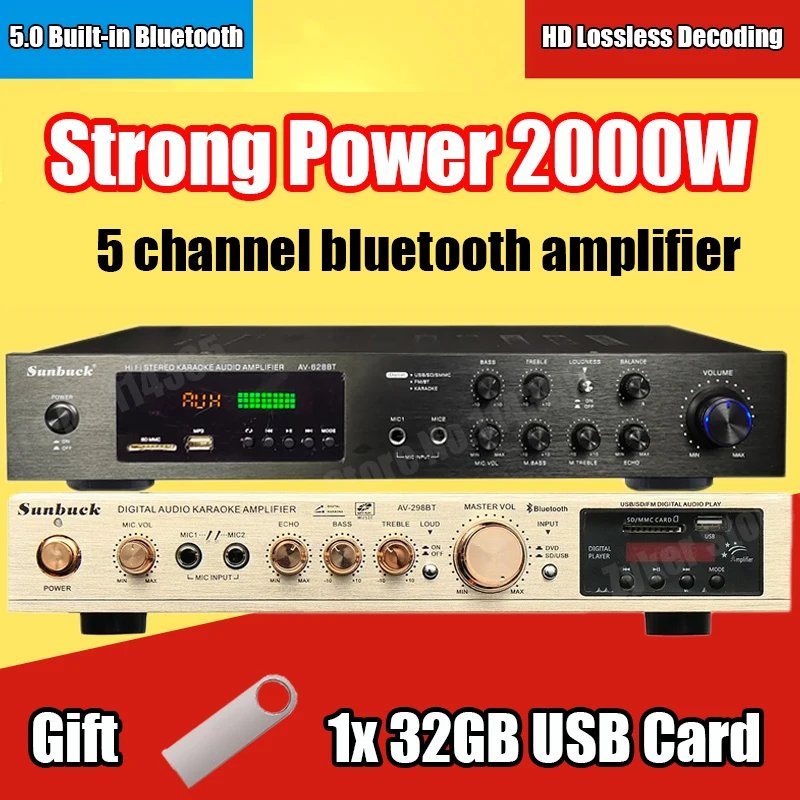 110/220V 2000W Bluetooth 5.0 Amplificatore Di Potenza Audio Amplificatori Home Theater Amplificatore Supporto Audio Fm Usb Con Telecomando