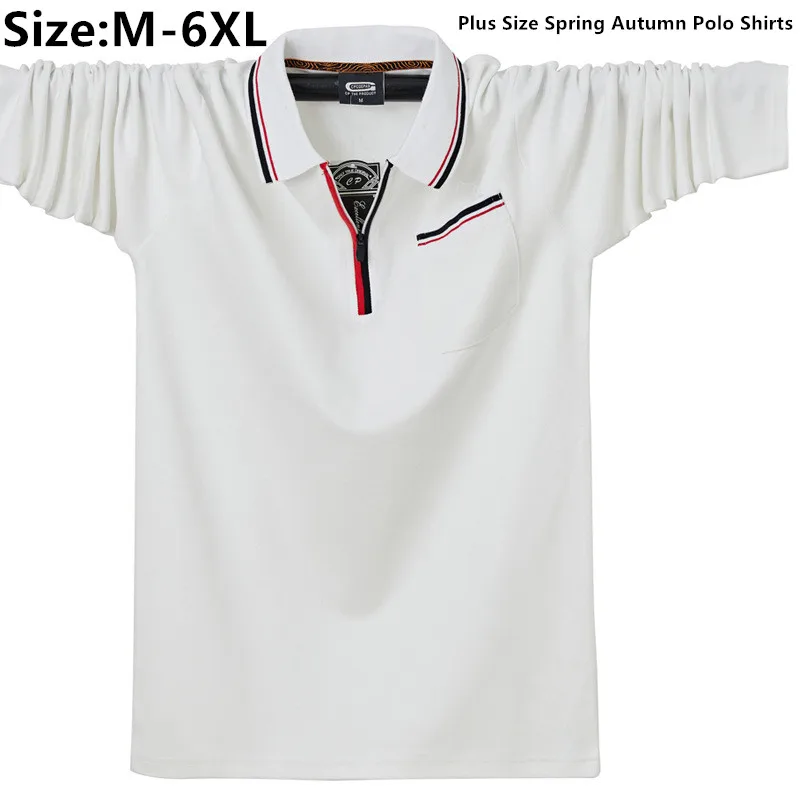 

Spring Autumn 6XL 5XL Polo Shirts Men Cotton V-Neck Turn-Down Tee Long Sleeve White Pink Zipper Male Business Gentlemen Pullover