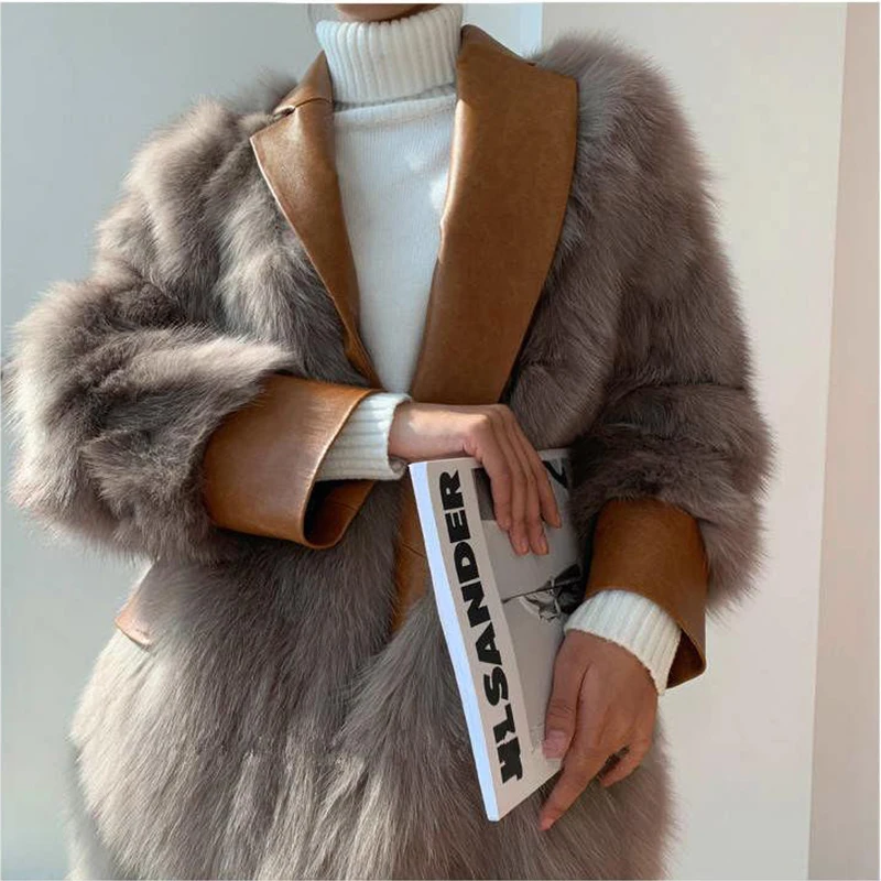 

Faux Leather Fur Coat Suit Jacket for Women Desinger Fashion High Quality Long Sleeve Slim Fluffy Jacket Luxury Outerwears