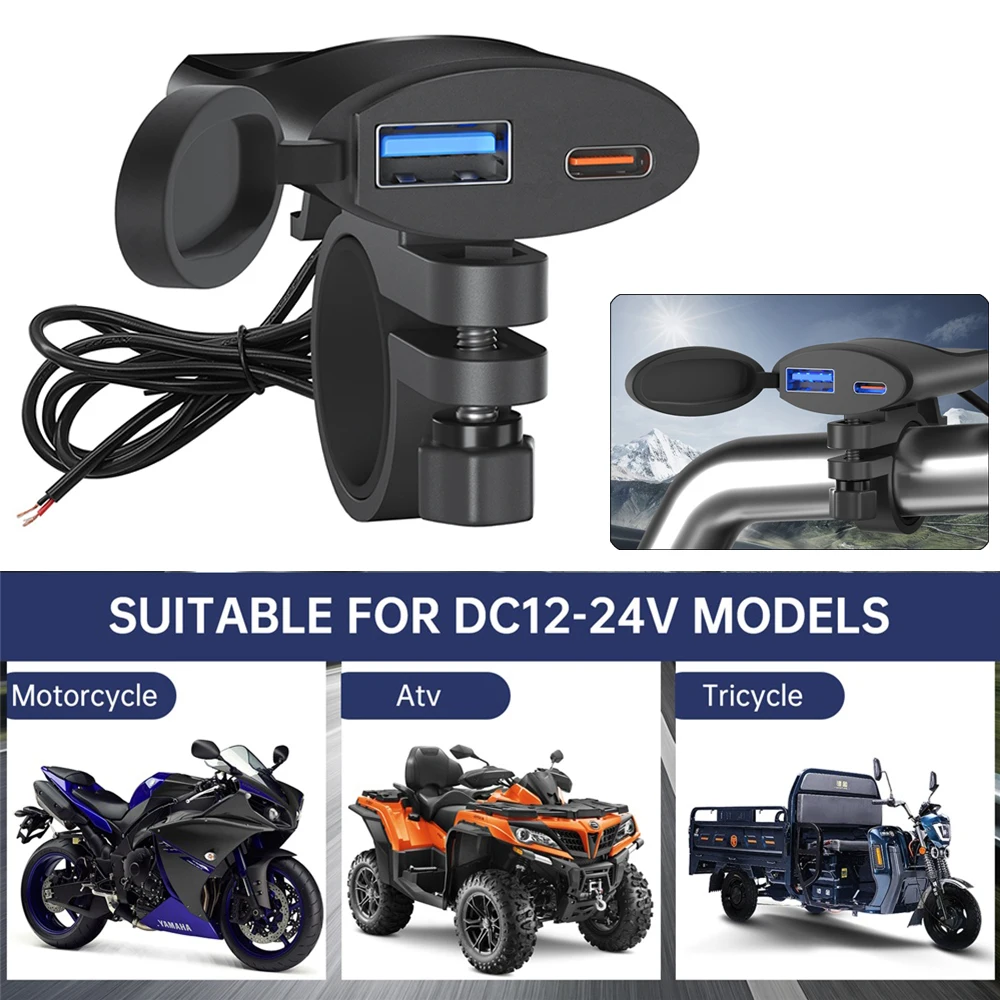 

12V-24V Motorcycle USB Charger Tpye-C+QC3.0 Fast Charger Multiple Protection Functions Ultra-thin Automatic Switch Power Socket