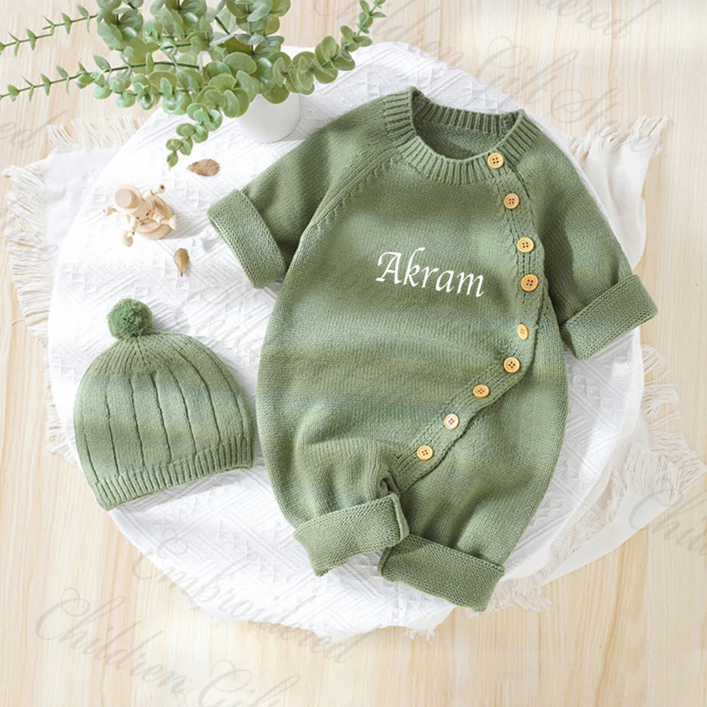 Baby knitted Jumpsuit with Hat Custom Embroidered Name Newborn Boys Girls Birth Gift Sweater Personalized Cute Crawling Suit Set 2