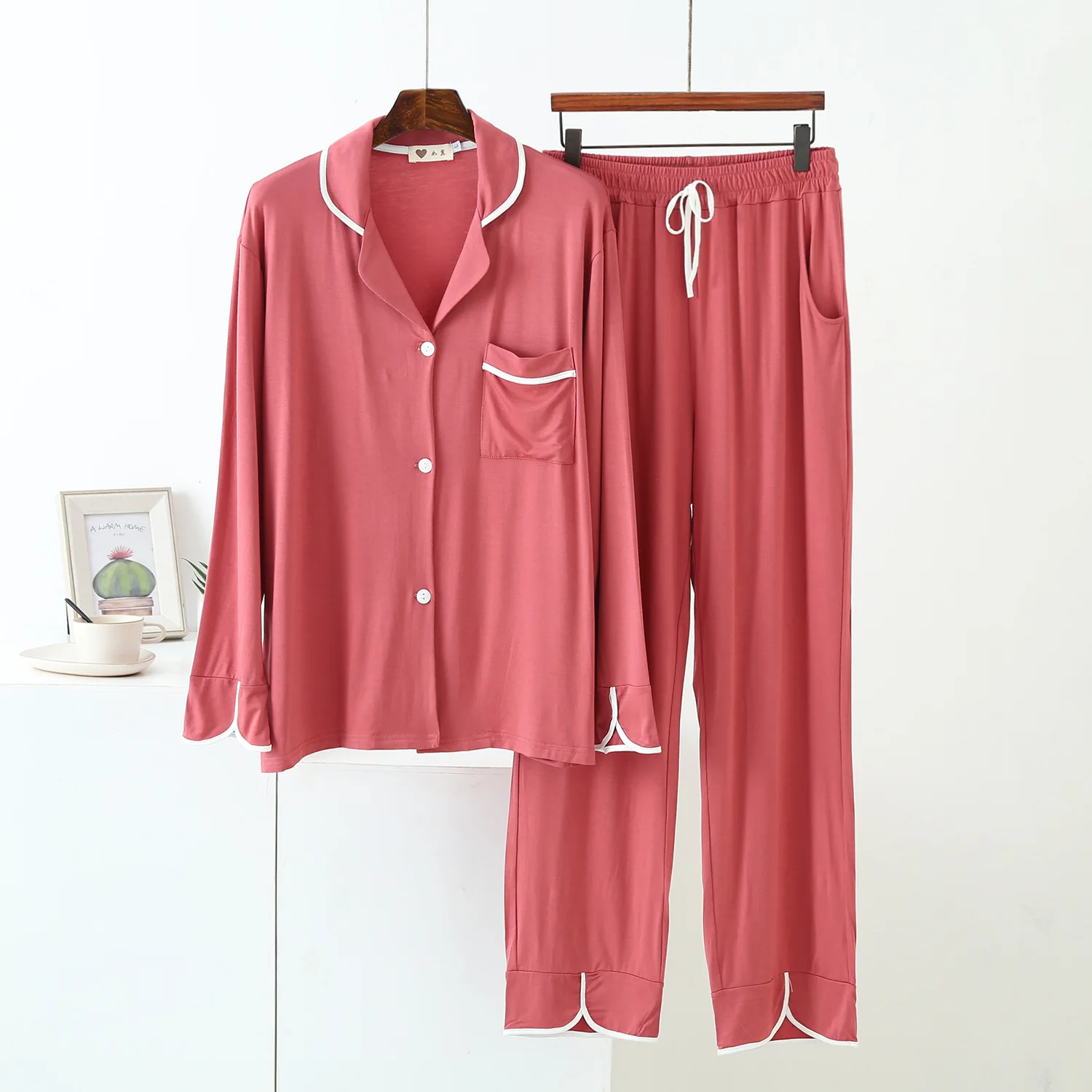 

Modal Pajamas Women Set 2 Piece Spring Autumn Casual Outfit Show Temperament Lapel Cardigan Soft Comfortable Lounge Pejamas Pjs