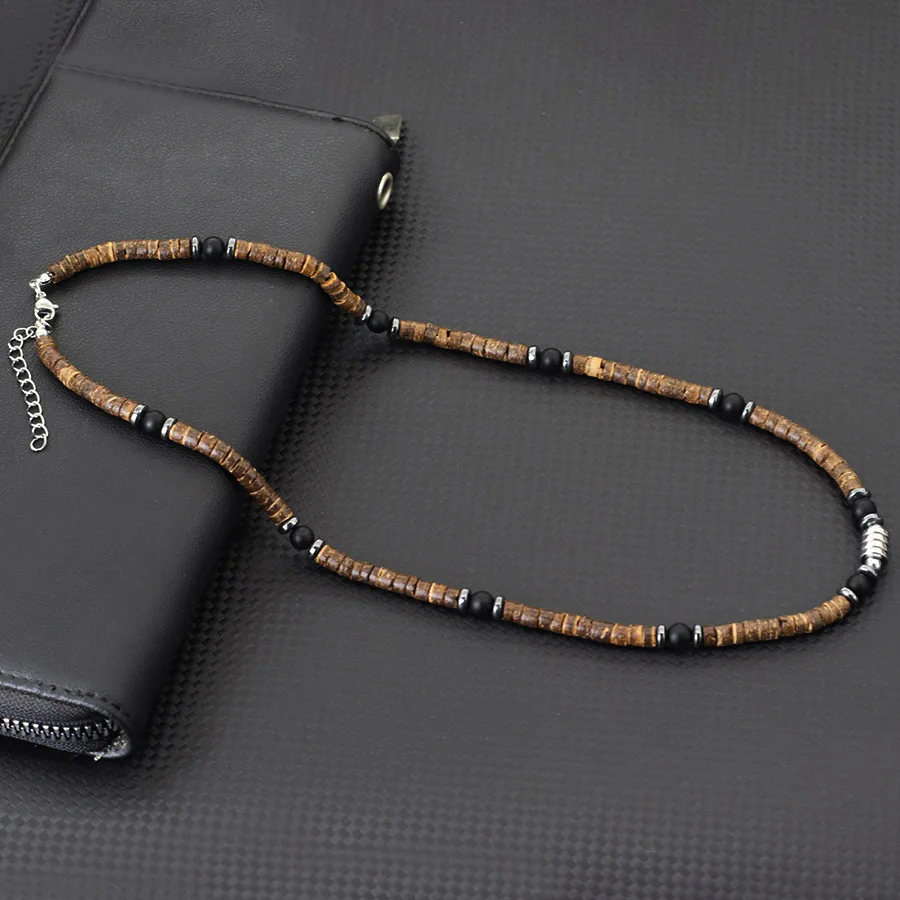 Natural Coconut Husk Necklace for Men with Stainless Steel Buckle