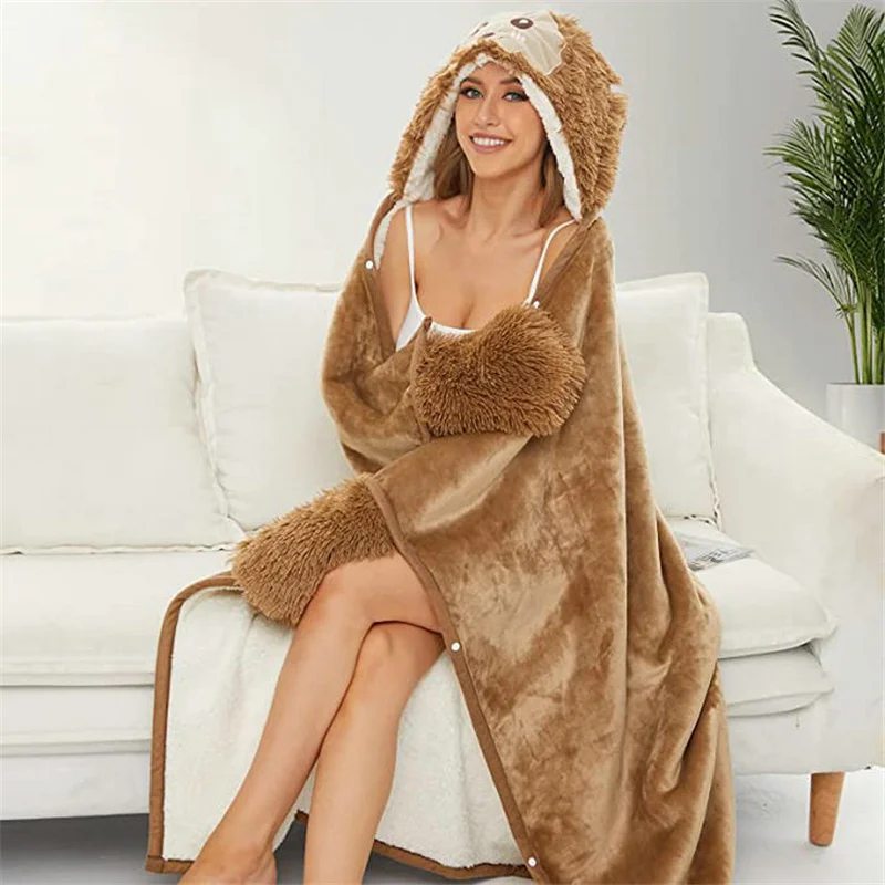 

Cartoon Wearable Blanket Oversize Women Hoodie Sweatshirts Fleece TV Blanket With Gloves Office Home Nap Throw Blanket
