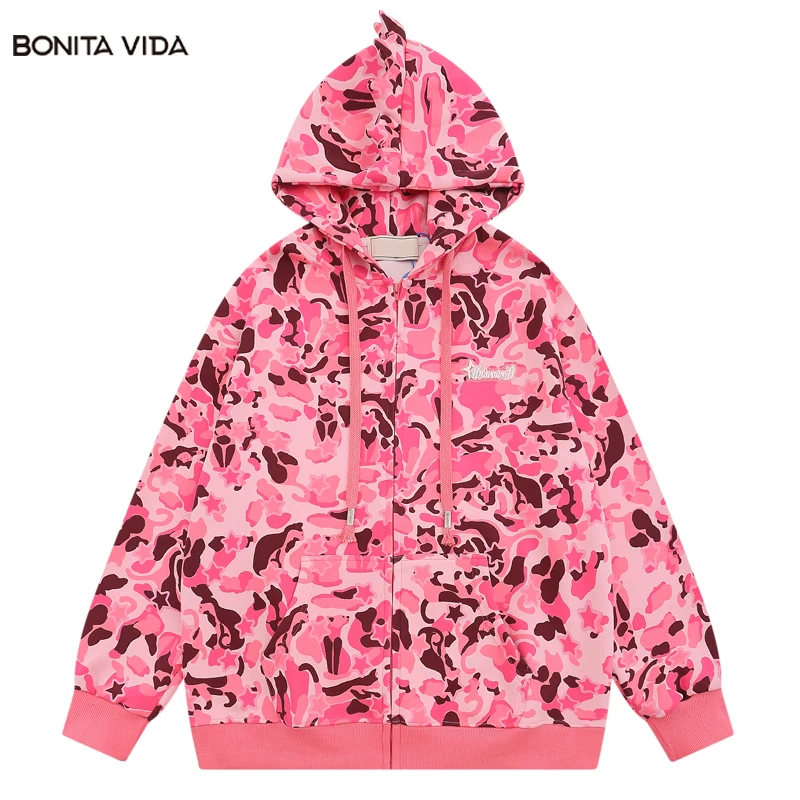 

Hip Hop Zipper Dinosaur Hoodie Coats Streetwear Harajuku Funny Camouflage Zip Hooded Sweatshirt 2023 Fashion Loose Men Jacket
