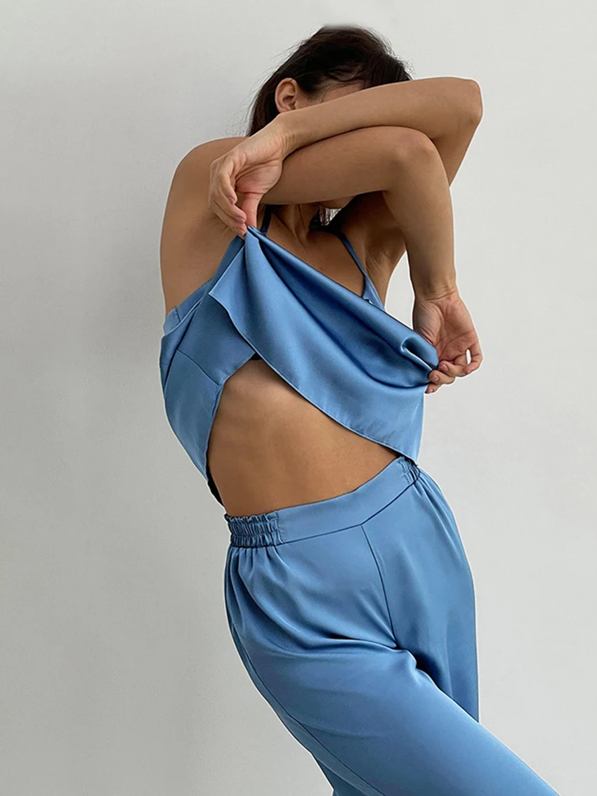 Marthaqiqi Loose Home Clothes Women Sexy Spaghetti Strap Pajamas Tank Tops Sleepwear Pants Casual Ladies Nightgowns 2 Piece Set