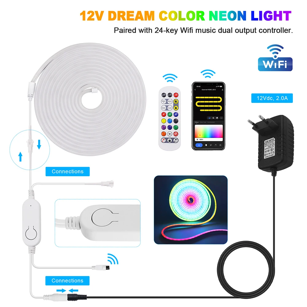 와이파이 스마트 RGB 네온 LED 스트립 조명, 24 키 리모컨, EU, US, UK, AU 플러그, 84LED/M 게임룸 장식, 5M WS2811, 1M 2M 3M
