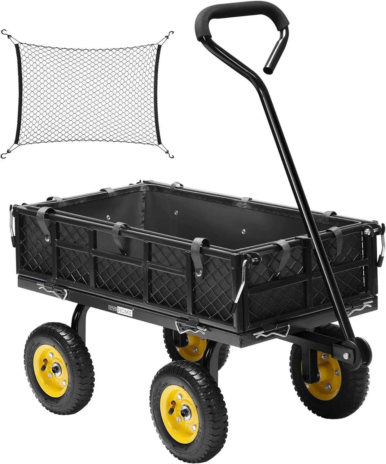 Heavy Duty 400 Lbs Capacity Mesh Steel Garden Cart Folding Utility Wagon with Removable Sides Black