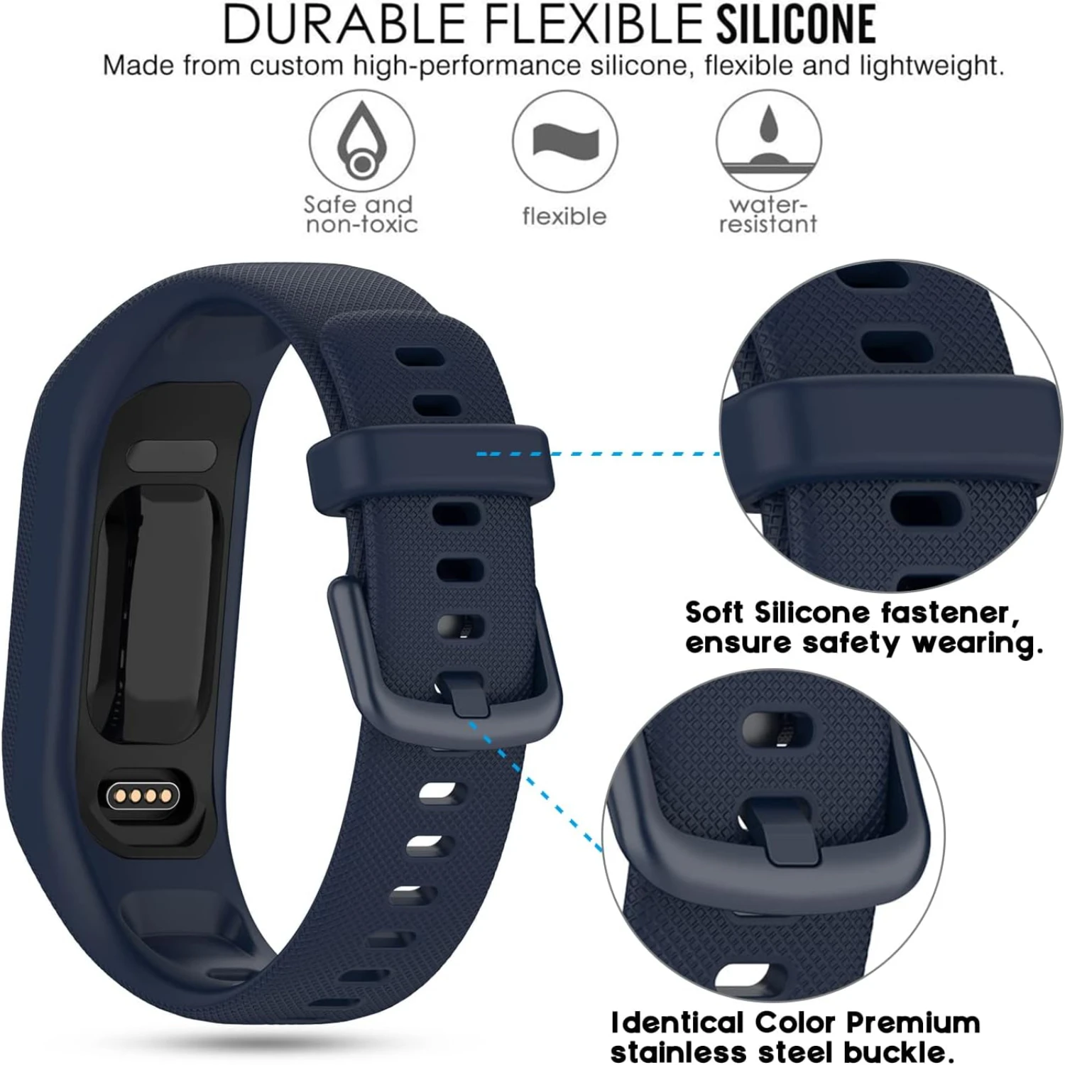 Stylish, chic, and comfortable 3-piece soft silicone replacement bands for Vivosmart 5 with secure metal clasp buckle. Fashionab