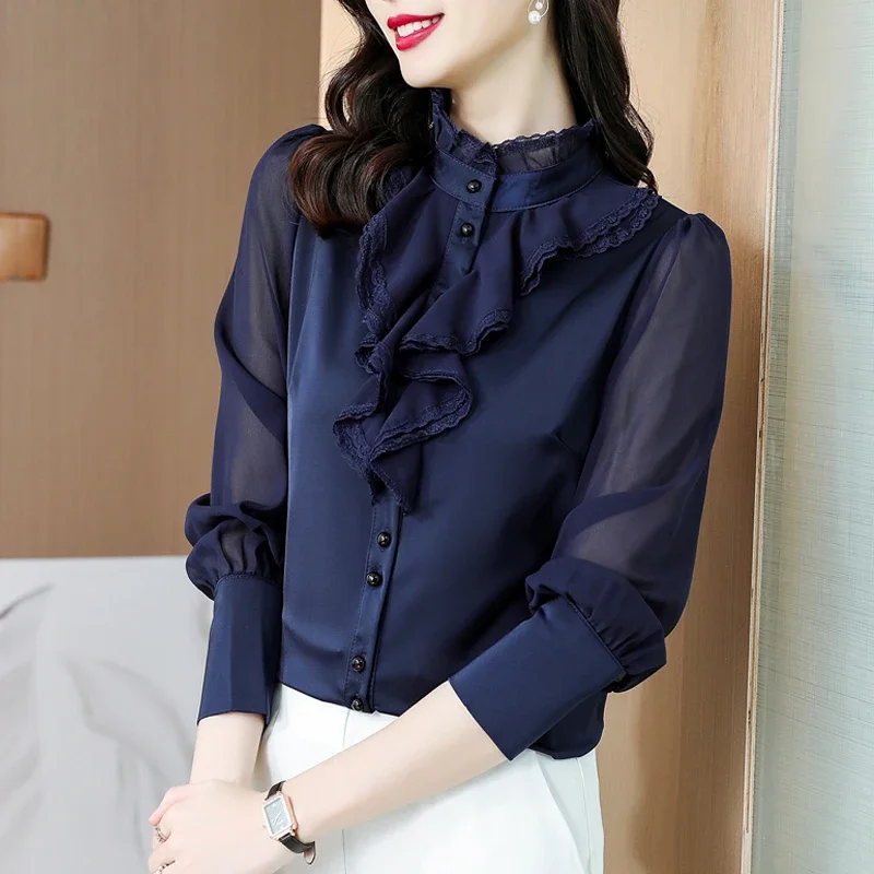 Dark Blue Chiffon Lace Long Sleeve Women Blouse