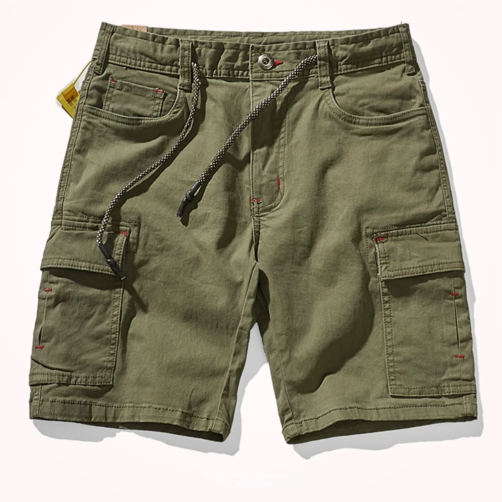 Summer Army green cargo shorts men's fashion multi-pocket outdoor cotton elastic woven n-style retro casual pants