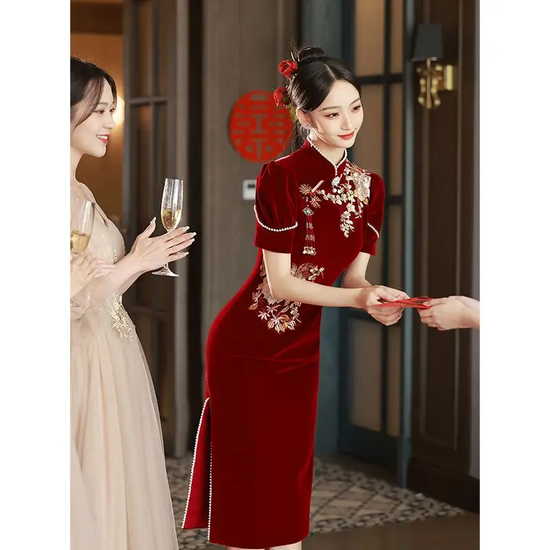 

Yourqipao New Chinese Style Burgundy Wedding Toast Clothing 2023 New Back Door Engagement Traditional Wedding Dress Cheongsams