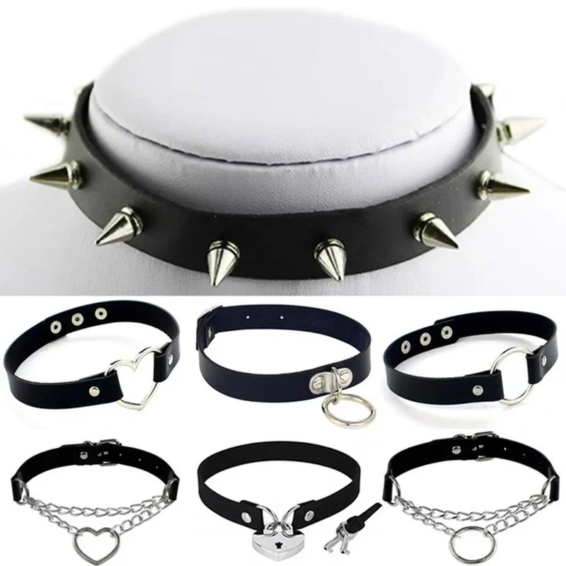 Woman Black Punk Choker Collar Necklace Sexy PU Leather Heart Lock Key Spike Chocker Gothic Cosplay Accessories Party Jewelry 4