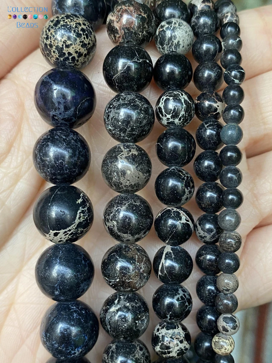 Cuentas de piedra natural de 6, 8, 10 y 12 mm, color negro y dorado, cuentas redondas de ágata para hacer joyas, pulseras y collares hechos a mano, 15''