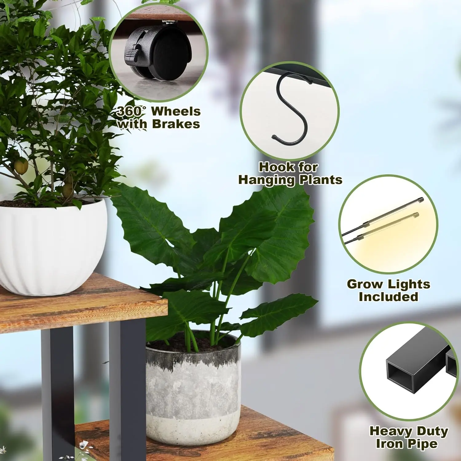 6-Tier Plant Stand with Grow Light – Tall Indoor Ladder Shelf with 4 Hanging Hooks