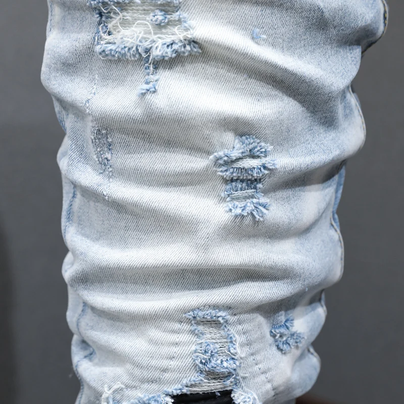 High Street Fashion Men Jeans Retro Light Blue Stretch Skinny Fit Ripped Jeans Men Leather Patched Designer Hip Hop Brand Pants
