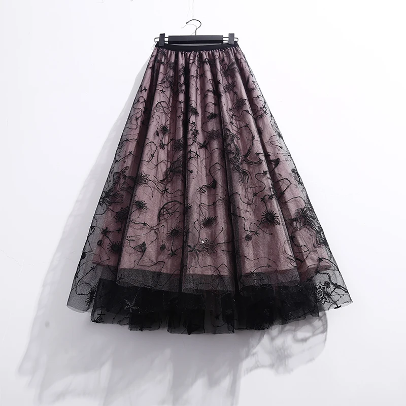 Vintage Flocking Tulle Skirt for Women Elastic High Waist Mesh Skirts Long Pleated A- Line Tutu Skirt Female Jupe Longue