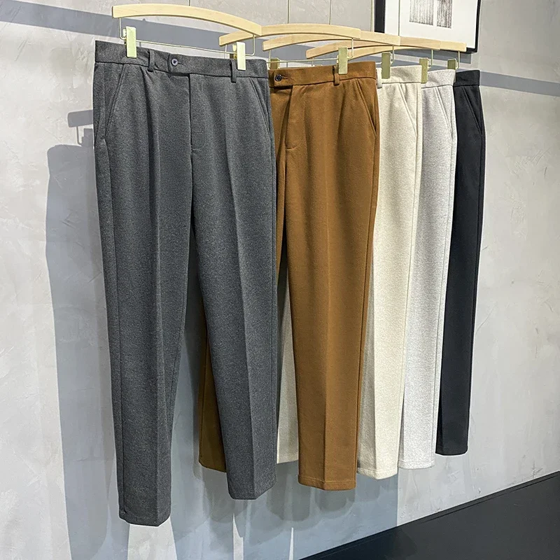 

Autumn New Thick Suit Pants Men Straight Drape Korean Fashion Classic Business Casual Woolen Formal Trousers Male Coffee Beige