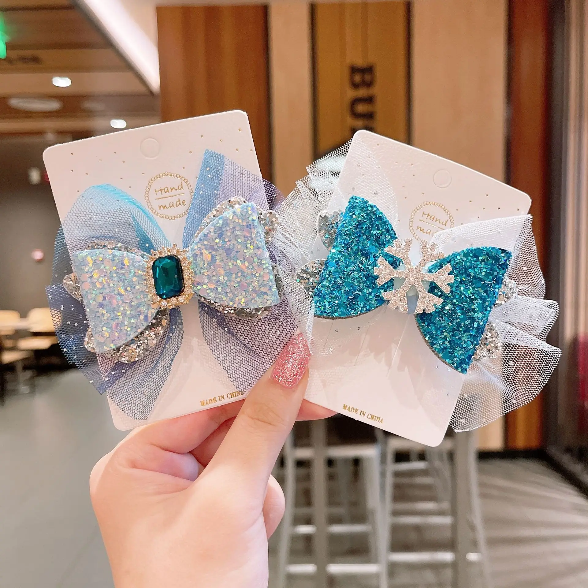 New Korean Style Princess Girls Hair Clips Cartoon Snowflake Bow Paillette Mesh Ribbon Hairpins for Children Accessories