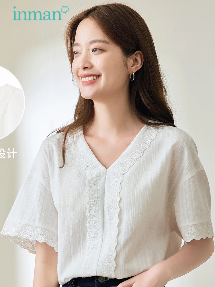 INMAN Women Blouse 2023 Summer Short Sleeve V Neck Loose Shirts Hollow Out Lace Elegant Sweetness White Blue Tops