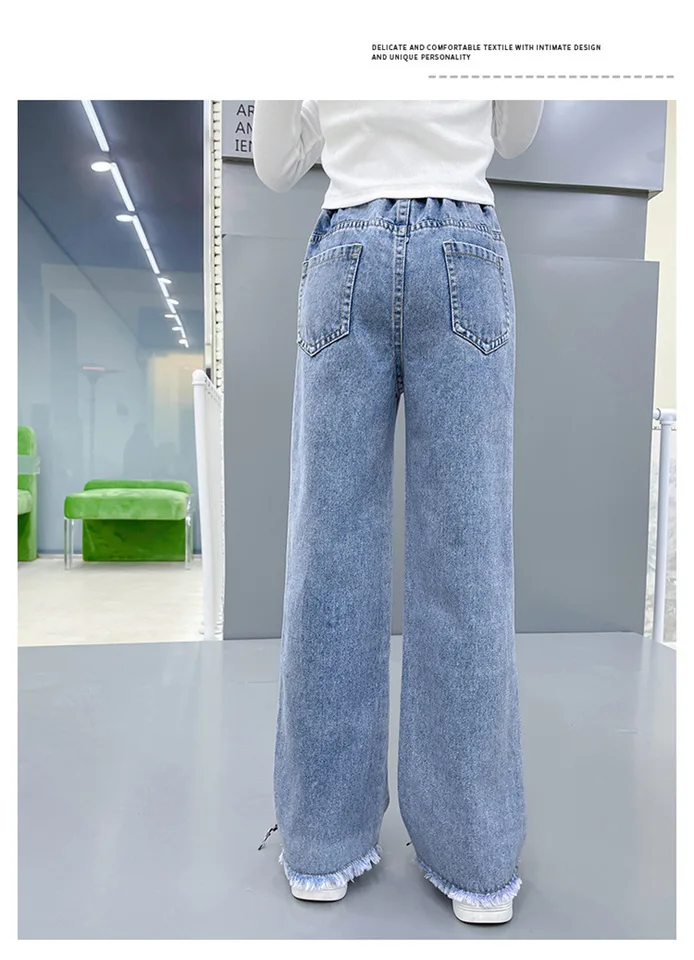 Pantaloni Ragazza Gamba Larga 2025 - Jeans Demin Con Ricami E Vita Elastica