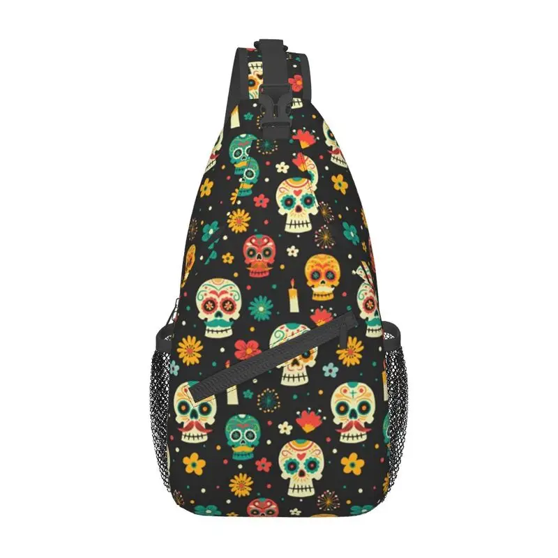 

Mexican Flower Sugar Skull Sling Chest Crossbody Bag Men Casual Shoulder Backpack for Camping Biking