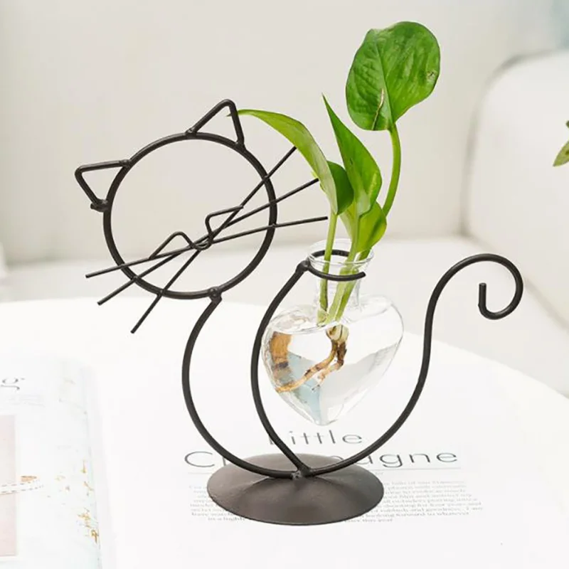 Cat Shape Hand Welded Vases High Temperature Baking Paint Hydroponic Glass Heart Vase With Metal Holder