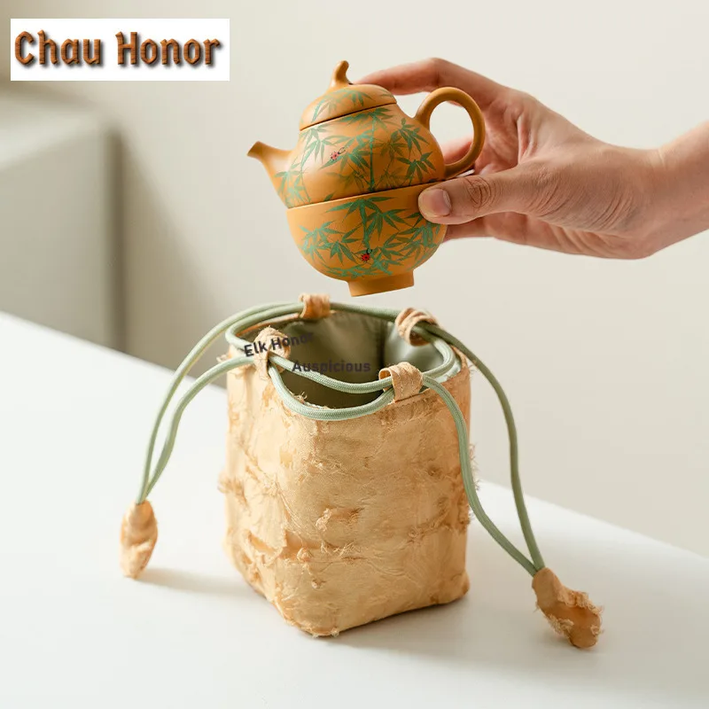 Pure Hand-painted Bamboo Eggplant Melon Zisha Travel Tea Set Kit  1 Pot 1 Cups Tea Maker Organizer Portable Camping Handbag Gift