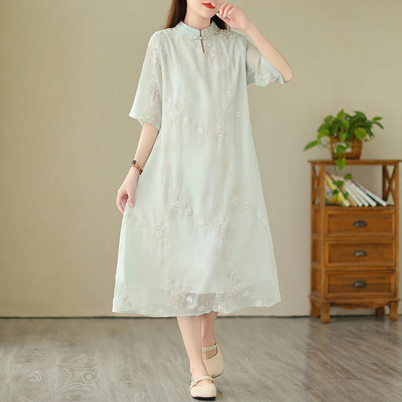 

Женское хлопковое платье средней длины, повседневное свободное ТРАПЕЦИЕВИДНОЕ ПЛАТЬЕ средней длины с вышивкой в винтажном китайском стиле, модель X1115 на лето, 2024
