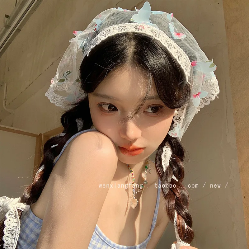 

Korean Seaside French Lace Colored Butterfly Triangle Headscarf Summer Women's Beach Bag Head Photo Tied Hair Mesh Headband