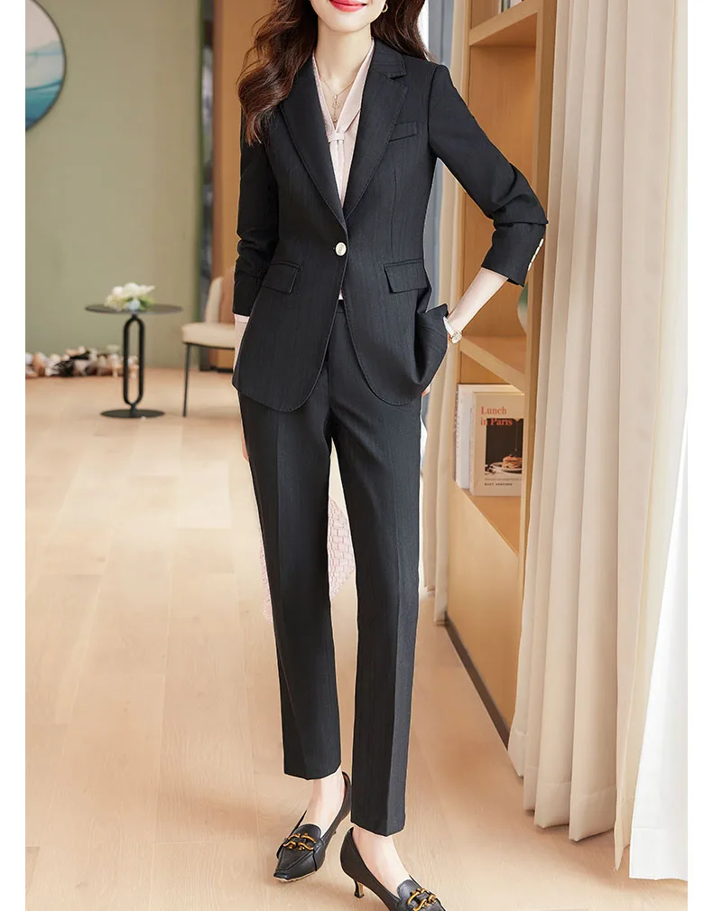 Tesco Office Suit 2 Piece For Women Blazer And Pants Striped Business Jacket For Office Lady Formal Pant Sets Interview Suits