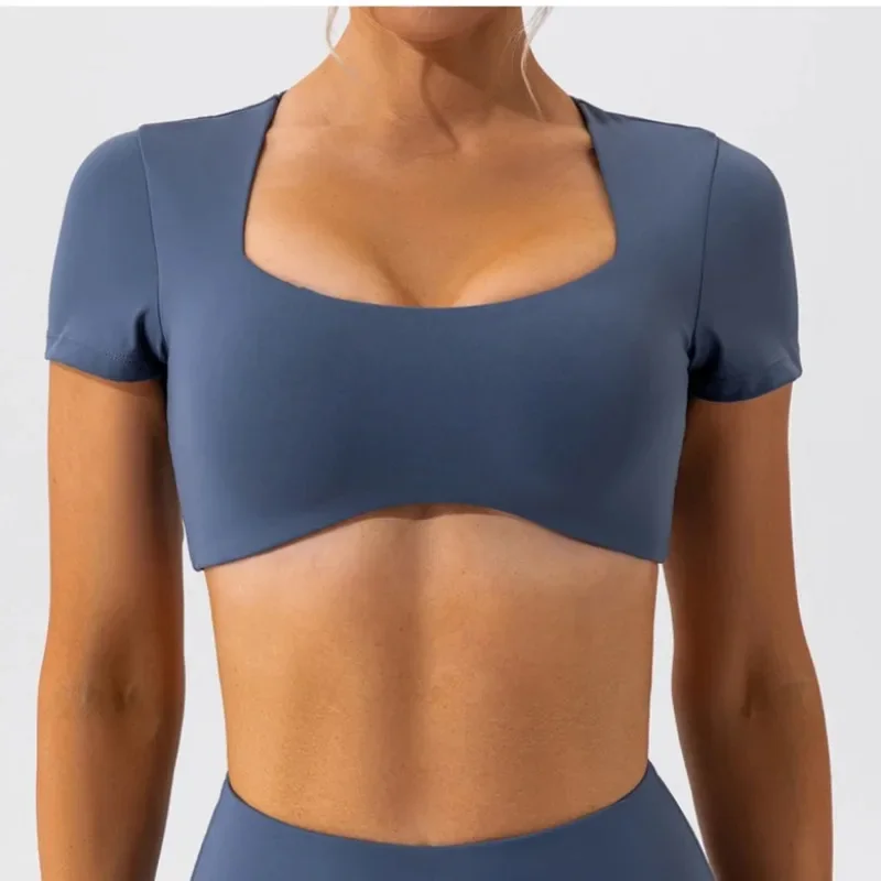 2024 Fitness Bra Short Sleeve Simple Shockproof Sports Curved Hem Yoga Shirt Slim Fit Crop Top Run Gym Shirts Women Active Wear 3