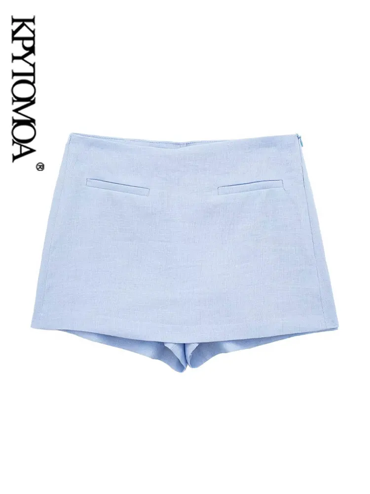 

KPYTOMOA Women Fashion Linen Shorts Skirts Vintage High Waist Side Zipper Female Skort Mujer