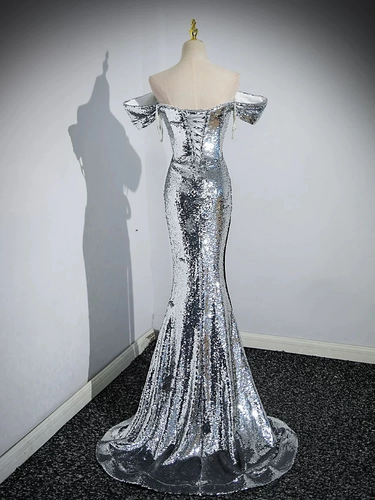 Silver Sequin Mermaid Evening Dress for Women Sexy Off The Shoulder Bow Beading Backless Fishtail Formal Celebrity Party Gowns