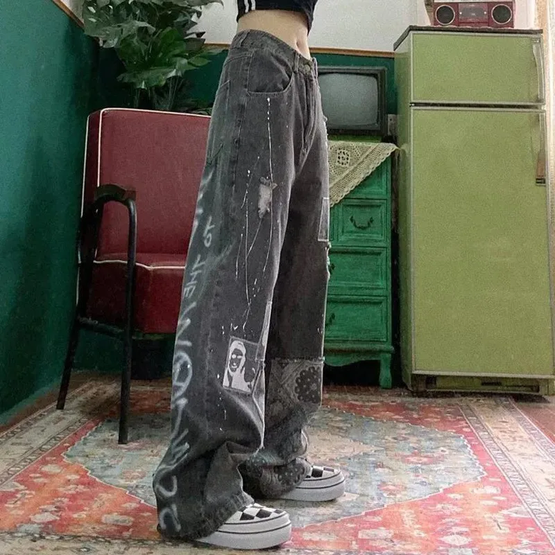 

Wide Print Jeans Denim Vintage Girl Fashion Harajuku Pants Jeans Like HenginTrousers Femme Summer Straight Jeans Streetwear