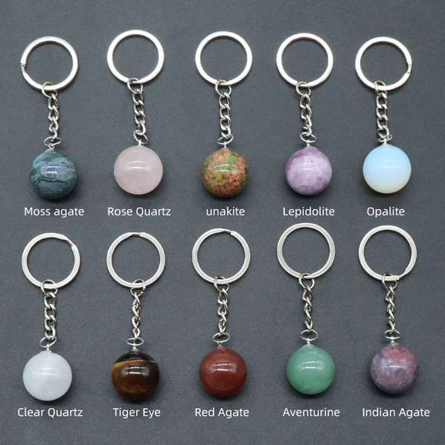 Natural Stone Crystal Key Chain Ball Rose Quartz Amethyst Agate