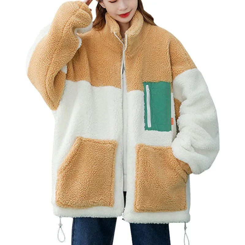 

Keep Warm Lamb Wool Half Height Collar Casual Women's Winter Sweatshirt Zipper Stitching Color Fashion Korean Loose Coat Female