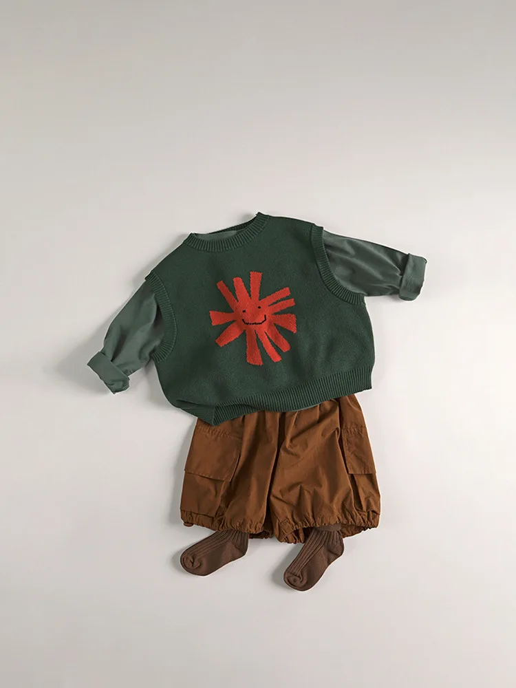 Kids Sweater Autumn Children Sleeveless Sweater Fashion Print Boys Girls Cotton Knit Vest O-neck Loose Kids Vintage Sweater