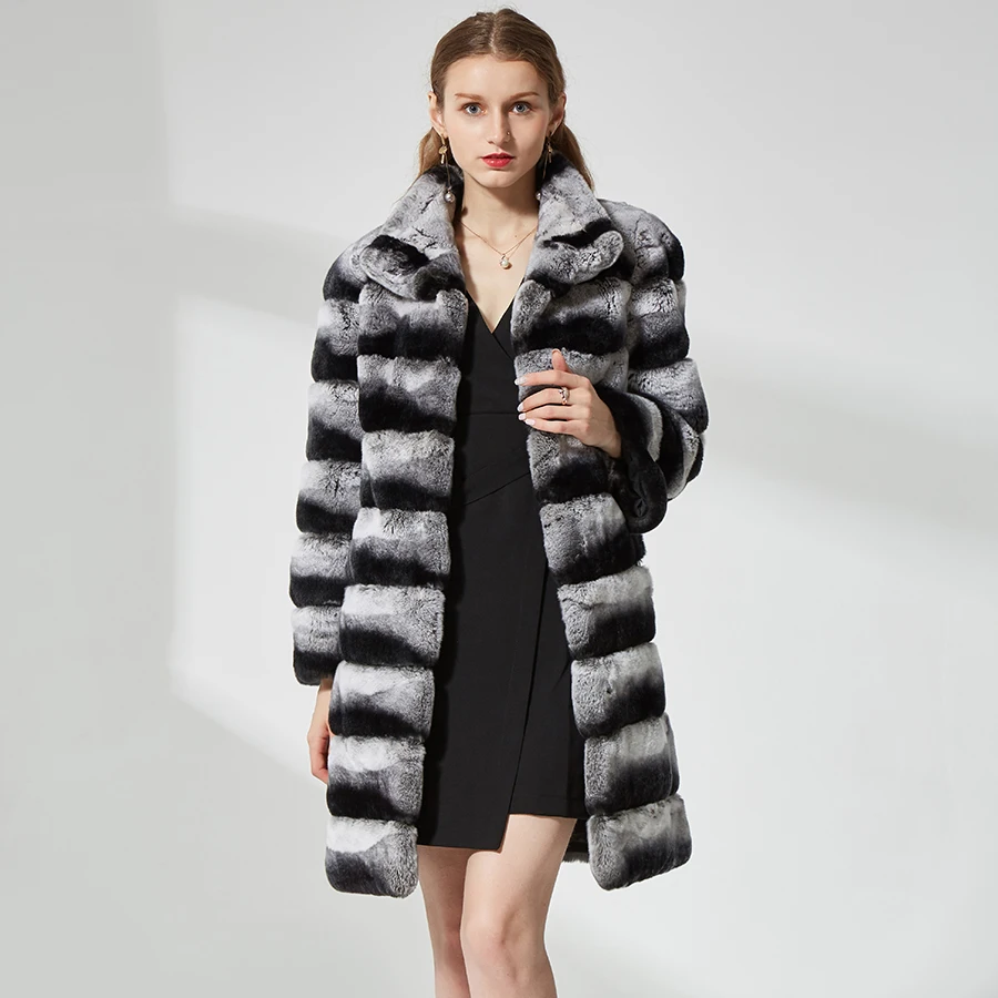 

Luxury Chinchilla Color Fur Coat Jacket Women Winter Long Sleeve Stand Collar Thick Rex Rabbit Overcoat