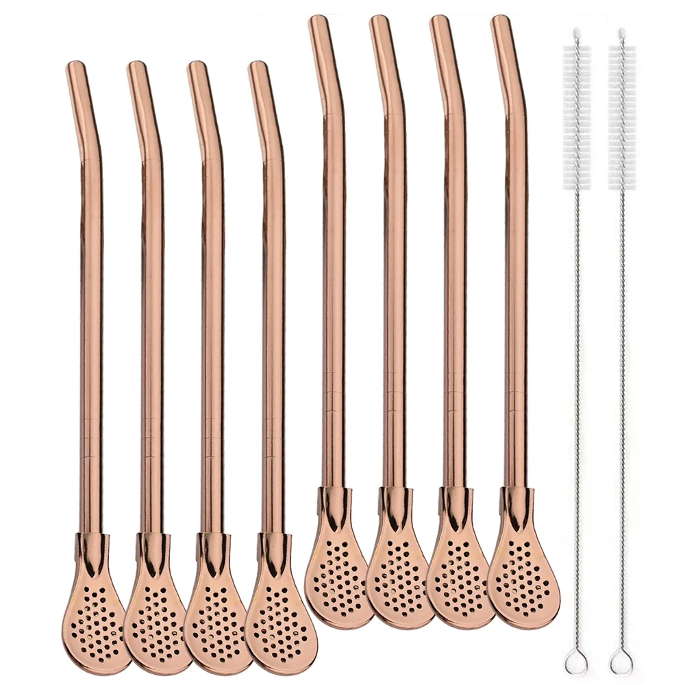 Silver Reusable Stainless Steel Filter Straws and Spoon Set for Cocktails and Tea (8 Pieces)