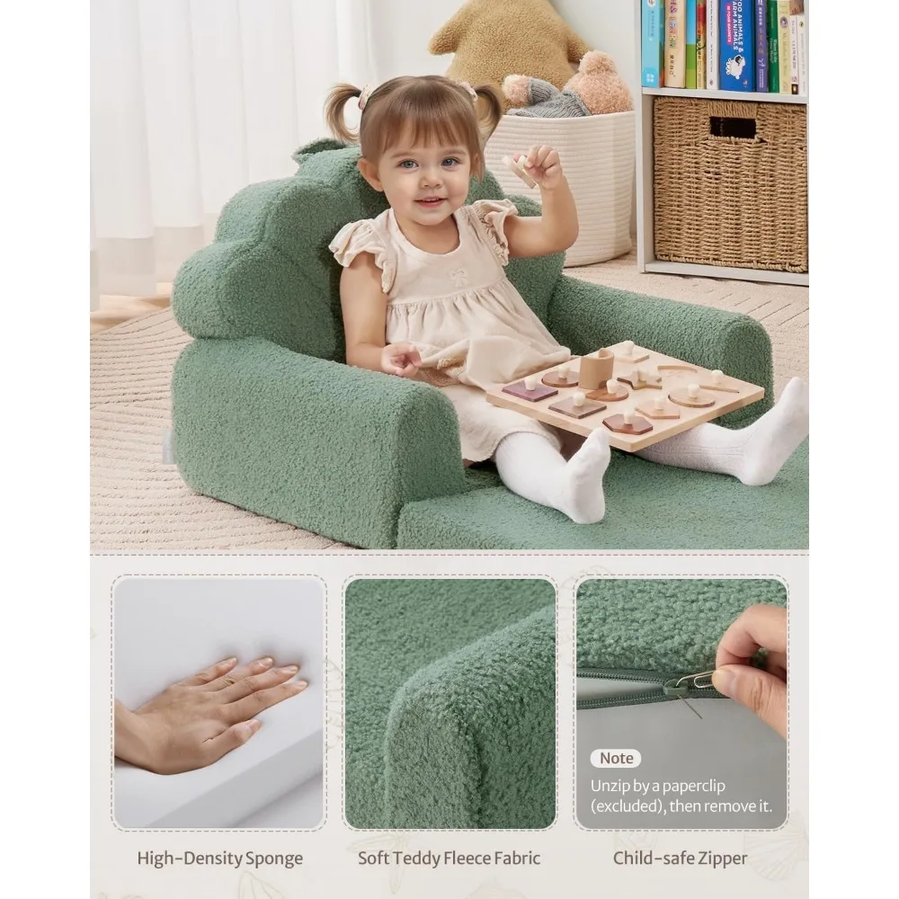 Kids Couch, 2-in-1 Soft Toddler Couch Fold Out, Toddler Chair Comfy, Convertible Sofa to Lounger with Cute Shell Designs, Green 5