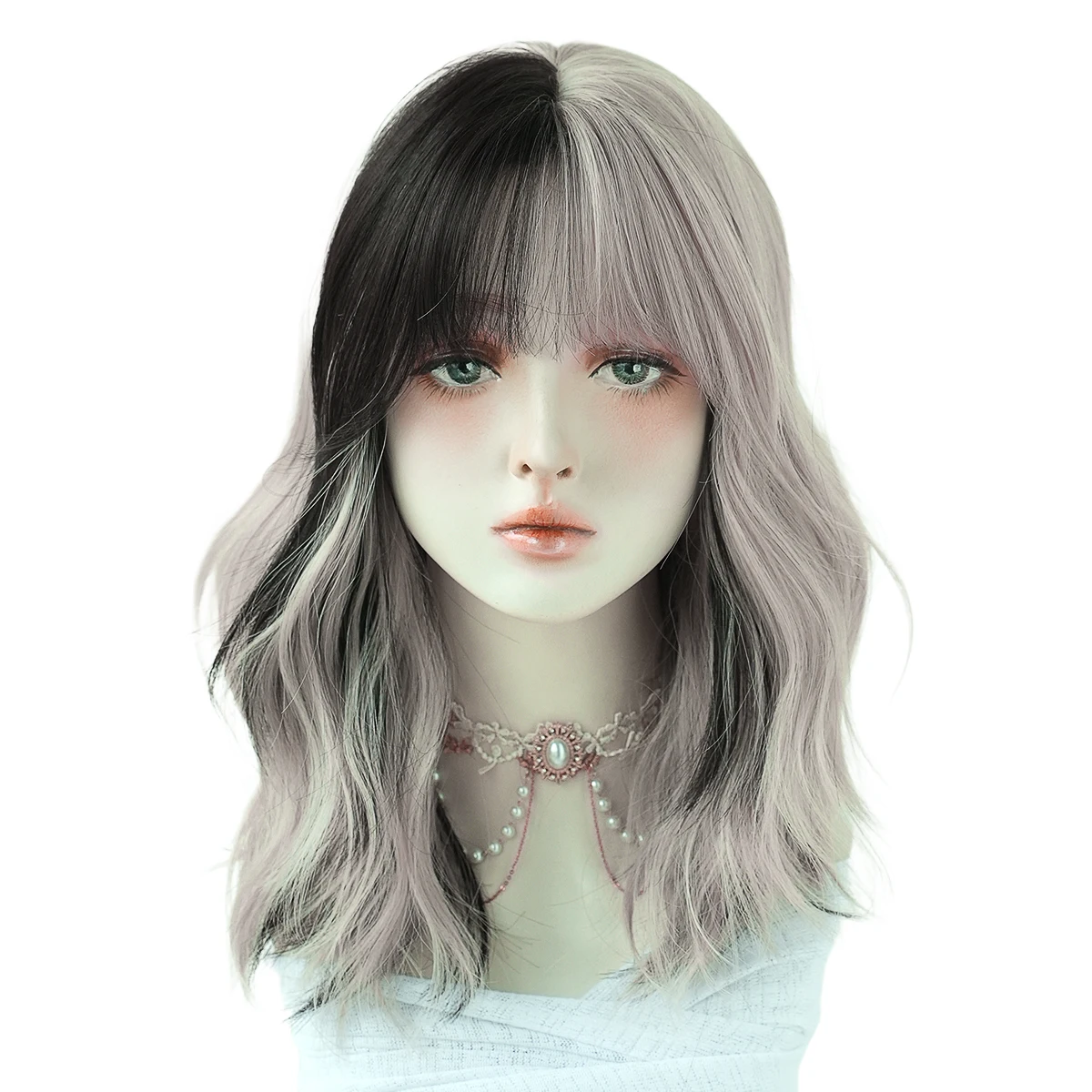 NAMM Silver black Wavy Wig for Woman Daily Party Cosplay Middle Part Natural Synthetic Hair Wig Heat Resistant Fiber